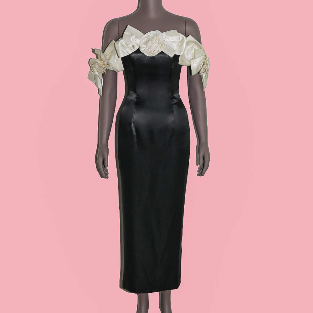Vintage Jessica Mcclintok Gunne Sax Black White Satin Bow Pencil Gown Size Xs